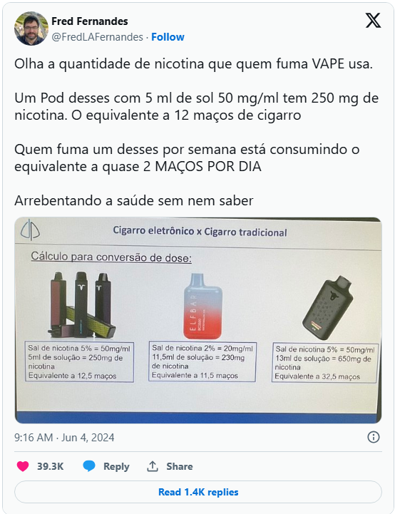 Print de um tweet que demonstra os malefícios do cigarro eletrônico.